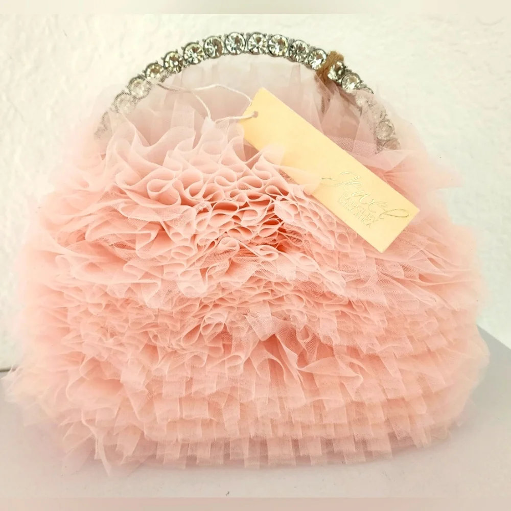 Badgley Mischka Jewel Jazzie Layered Tulle In Blush, Ruffled Clutch NWT Handbag
